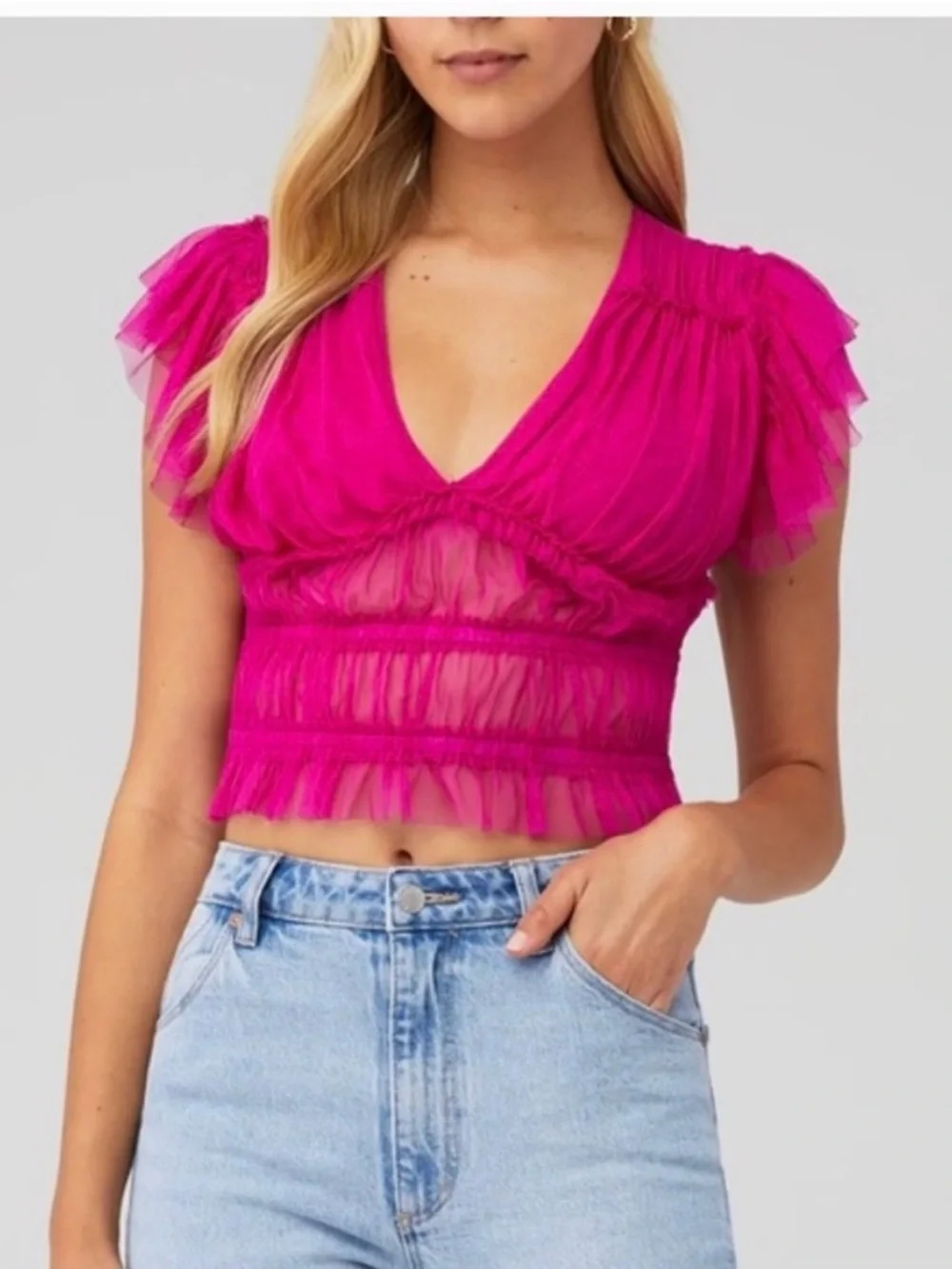 Free People Sheer Ruffle Crop Top - Hot Pink